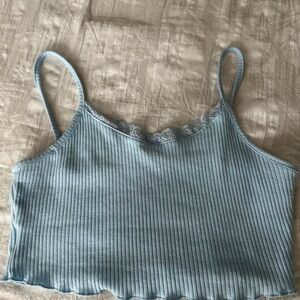 SHEIN Blue Ribbed Lace Trim Crop Top